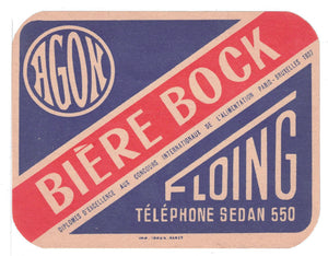 Etiquette de bière Bock originale ancienne brasserie Agon Floing