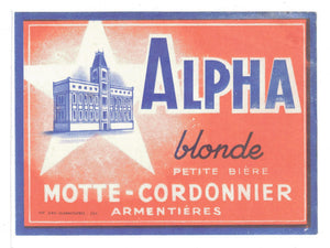 Etiquette de brasserie Motte Cordonnier originale ancienne bière Alpha blonde