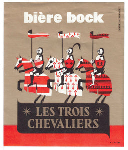 Etiquette de brasserie originale ancienne bière Bock Les Trois Chevaliers