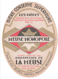 Etiquette de brasserie la Meuse originale ancienne bière conserve supérieur