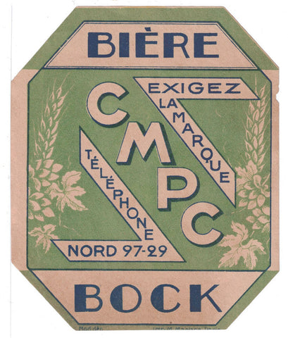 Etiquette de brasserie originale ancienne bière Bock du Nord CMPC