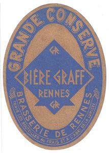 Etiquette de brasserie Graff Rennes originale ancienne bière grande conserve