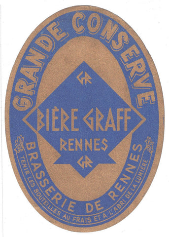 Etiquette de brasserie Graff Rennes originale ancienne bière grande conserve