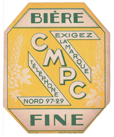 Etiquette de brasserie originale ancienne bière Bock Fine CMPC du Nord