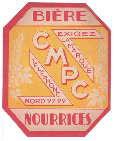 Etiquette de brasserie originale ancienne bière Nourrices CMPC du Nord