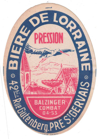 Etiquette de brasserie Balzinger originale ancienne bière de Lorraine