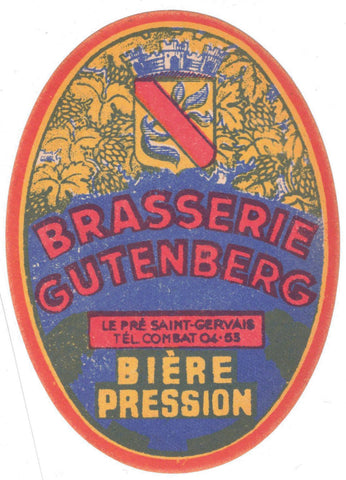 Etiquette de brasserie Gutenberg originale ancienne bière pression