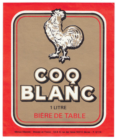 Etiquette de brasserie originale ancienne bière de table Coq Blanc