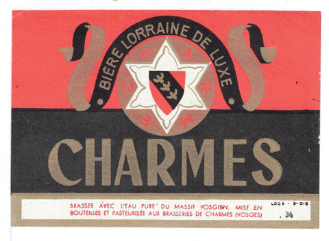 Etiquette de brasserie Charmes originale ancienne bière Lorraine de Luxe