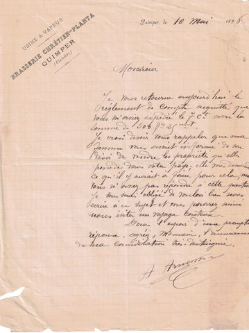 Lettre de bière originale ancienne brasserie Chrétien Planta Quimper