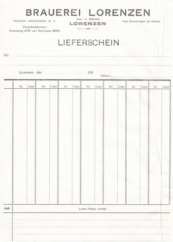 Facture de bière originale ancienne brauerei Lorenzen