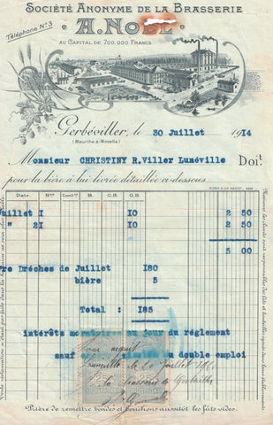 Papier à entête de bière original ancienne brasserie Noël Gerbéviller