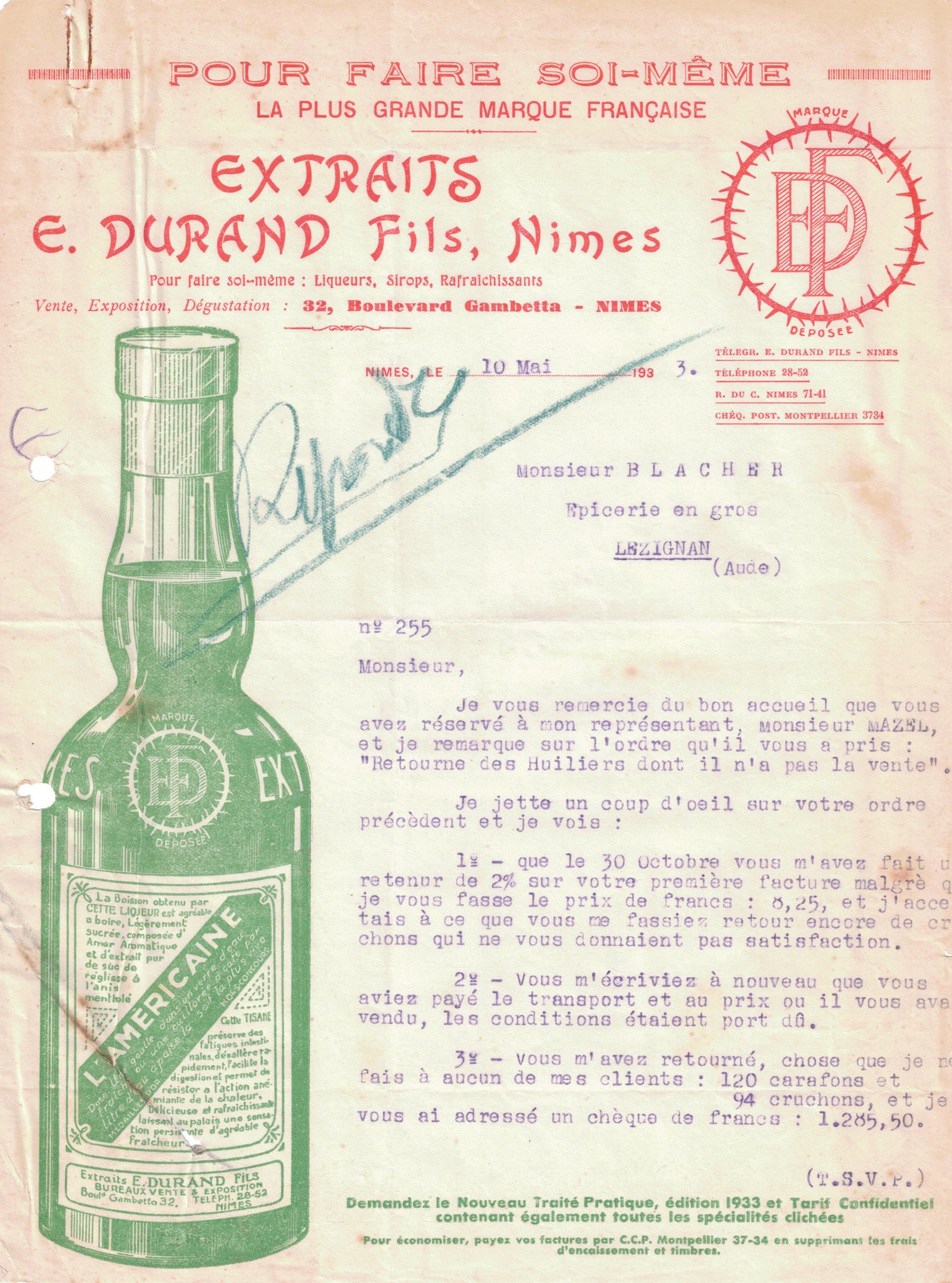 Papier à entête de distillerie original ancien Extraits de Liqueurs Durand Nîmes