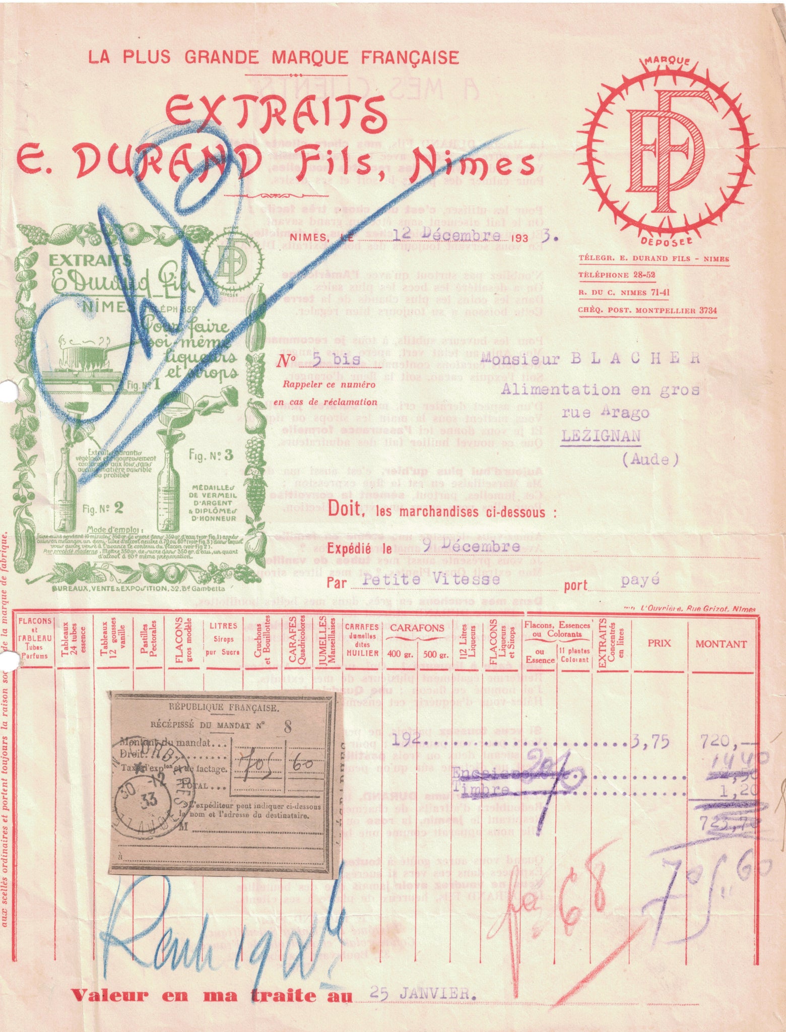 Papier à entête de distillerie original ancien Extraits de liqueurs Durand Nîmes
