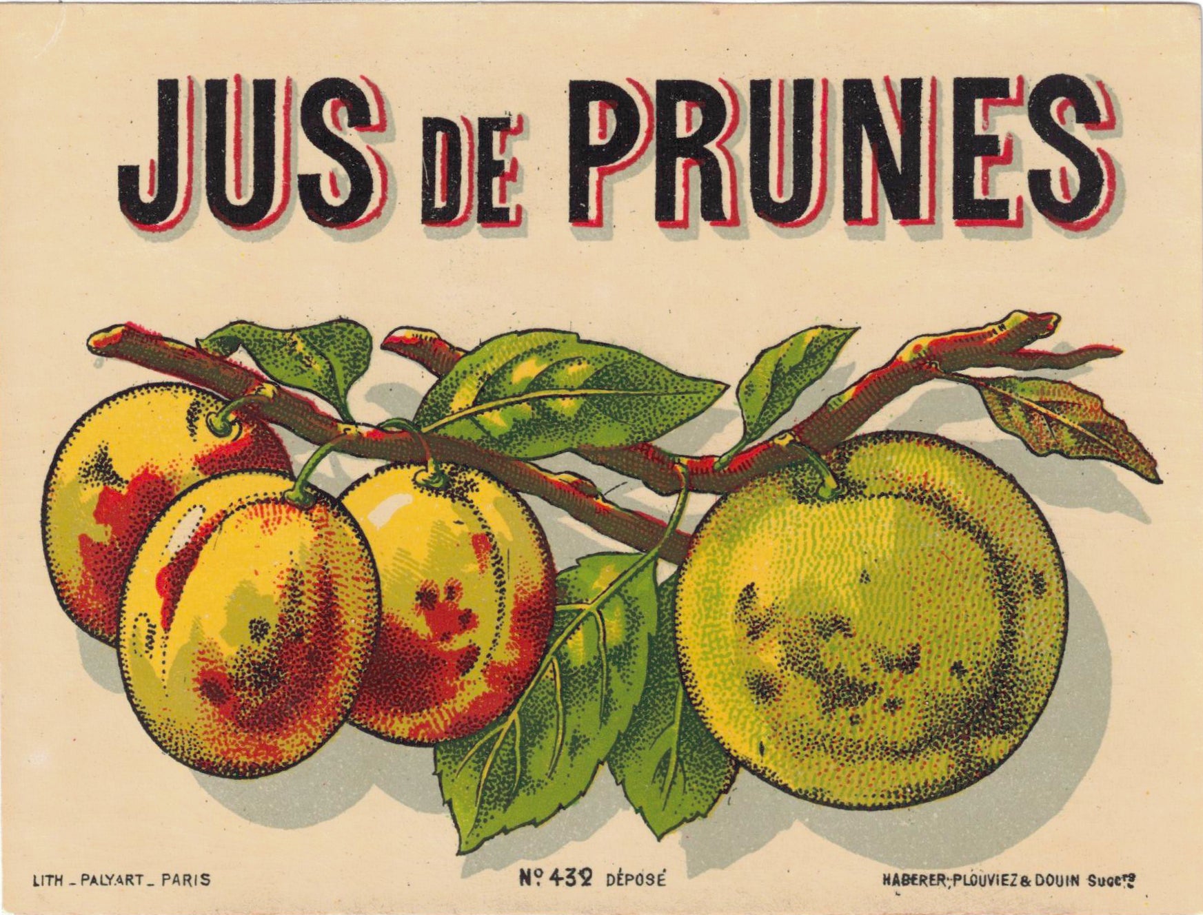 Etiquette glacée de jus de prunes originale ancienne