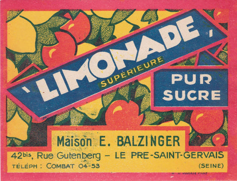 Etiquette limonade Balzinger originale ancienne