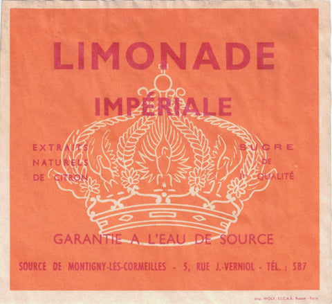 Etiquette limonade Impériale originale ancienne de Montigny les Cormeilles