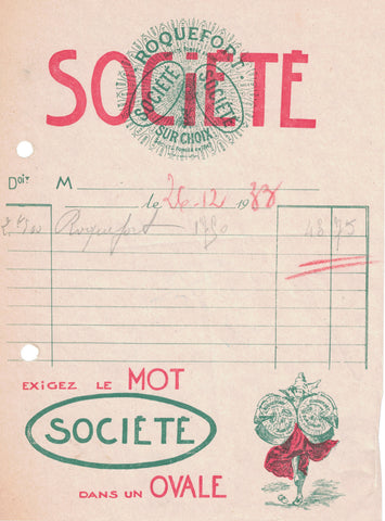 Papier à entête d’épicerie original ancien Roquefort Société