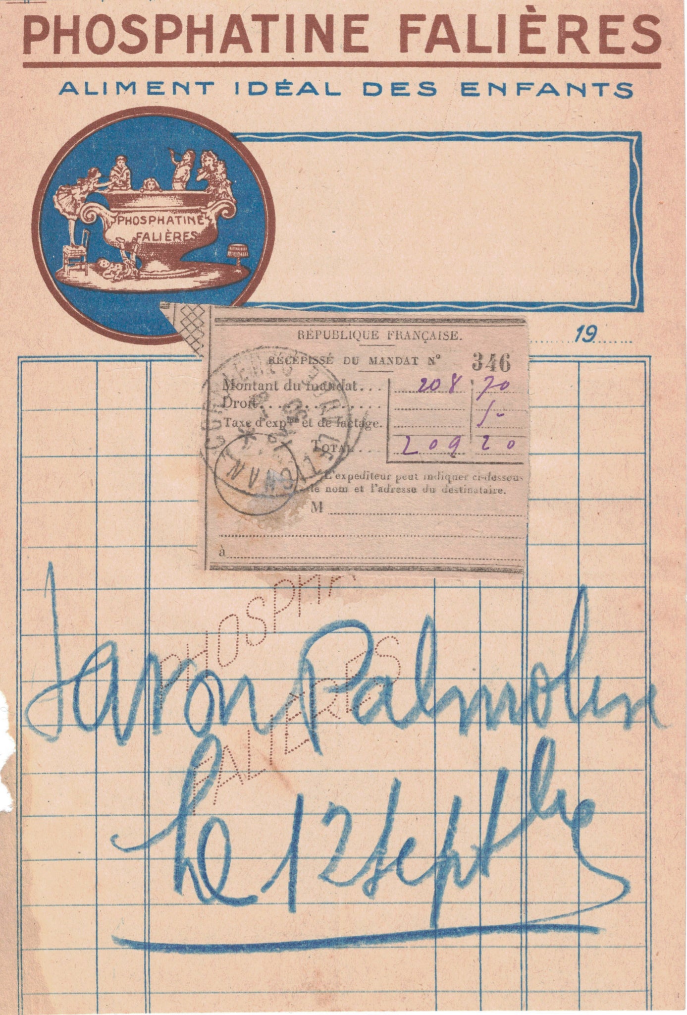 Papier à entête d’épicerie original ancien Phosphatine Falière