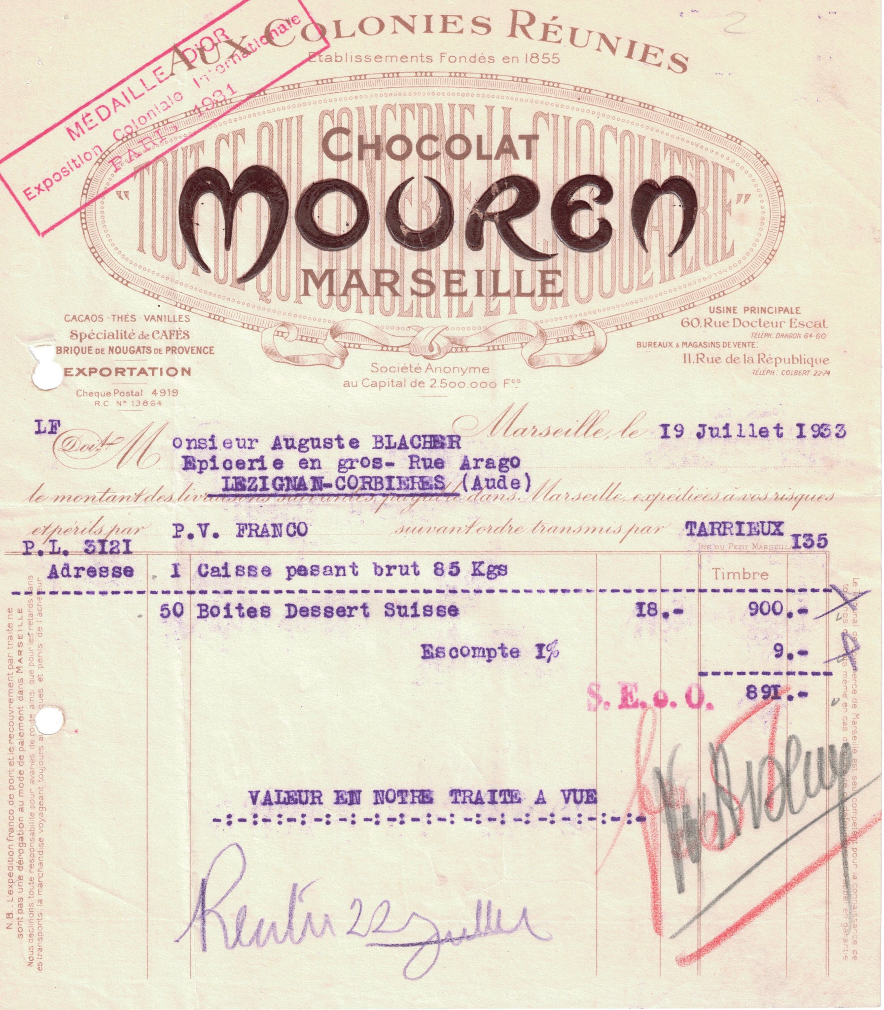 Papier à entête d’épicerie original ancien Chocolat Mouren Marseille