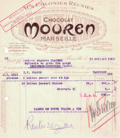 Papier à entête d’épicerie original ancien Chocolat Mouren Marseille