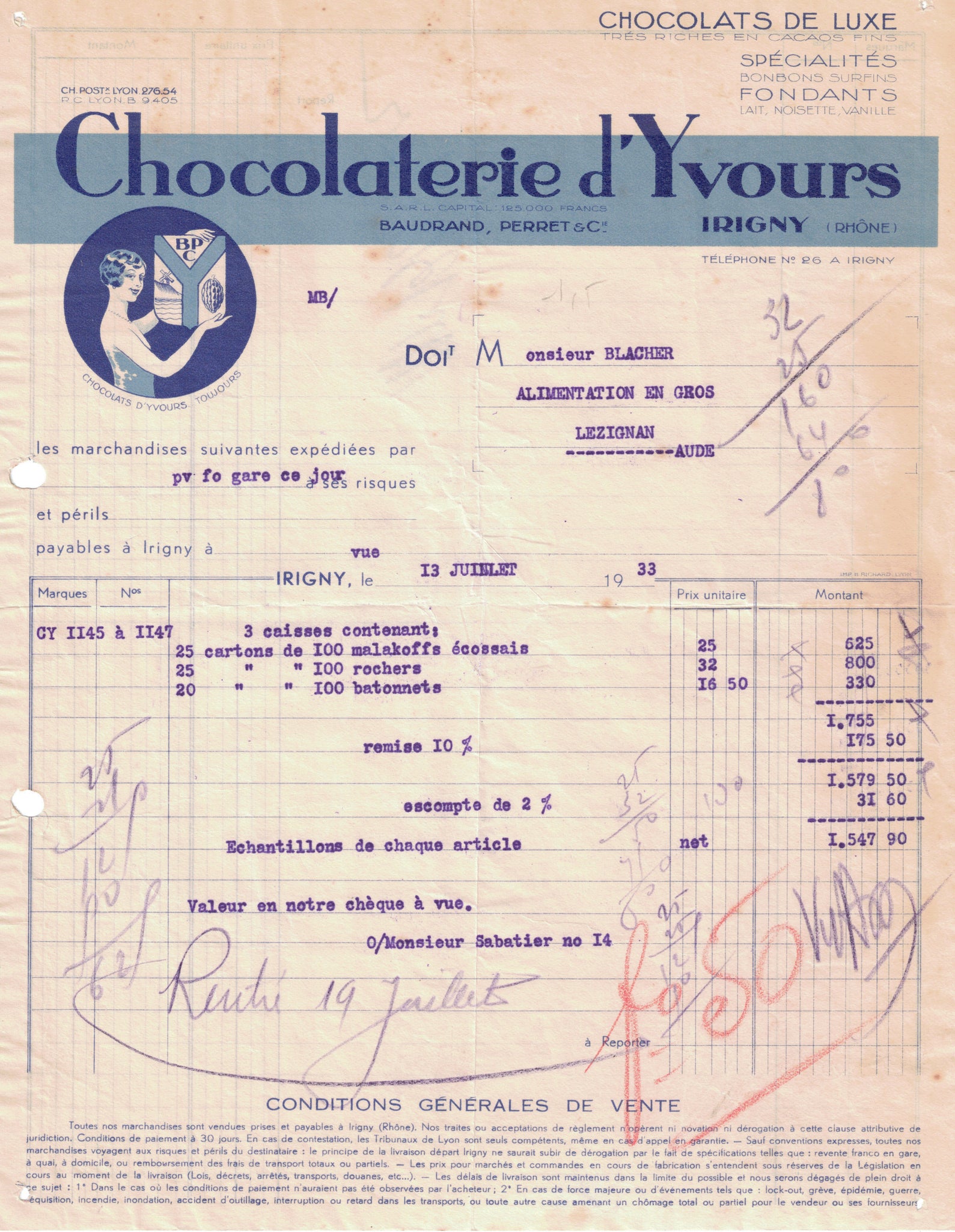 Papier à entête d’épicerie original ancien Chocolaterie d'Yvours à Irigny