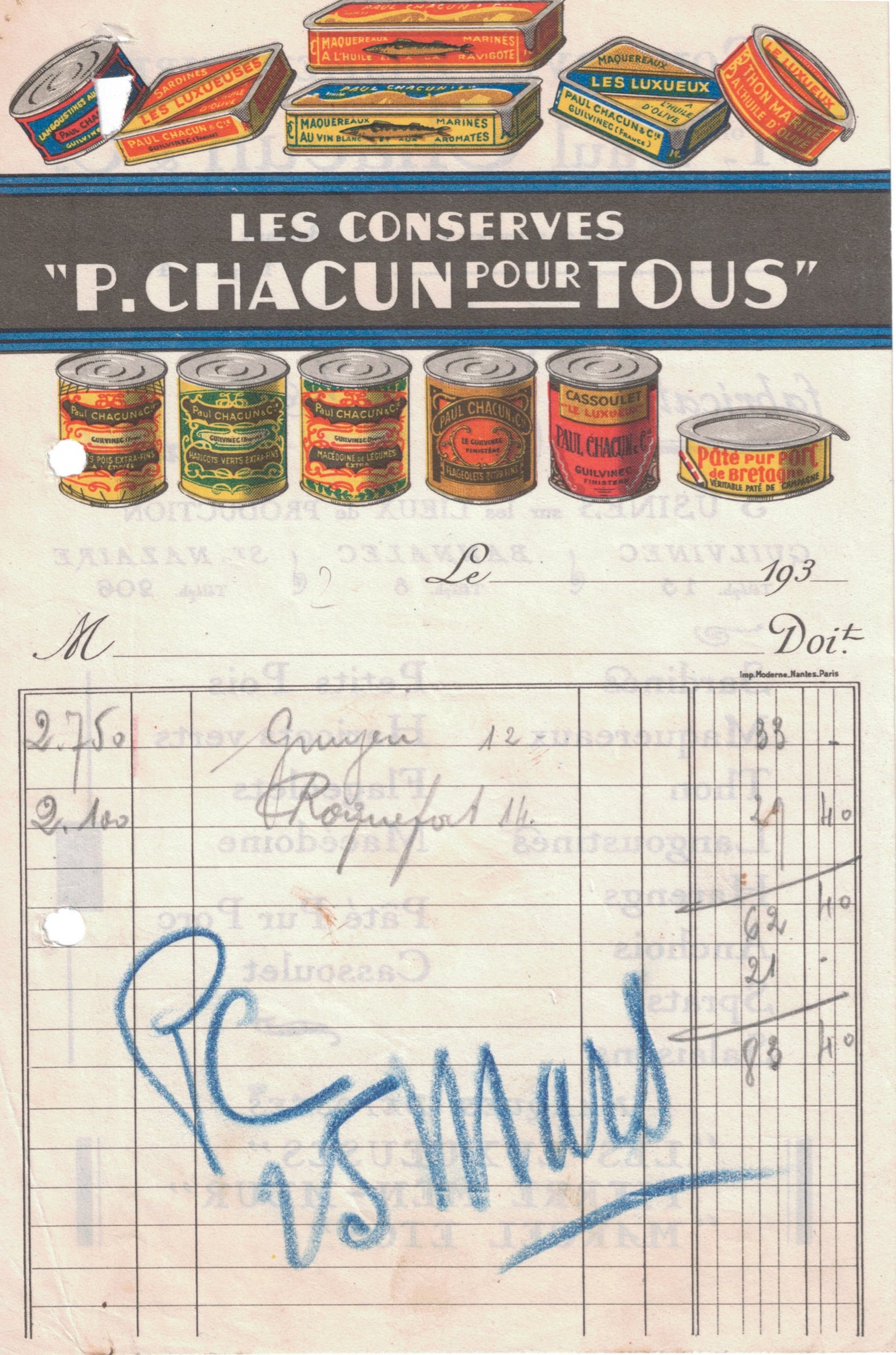 Papier à entête d’épicerie original ancien Conserves chacun pour tous