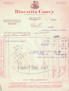 Papier à entête d’épicerie original ancien Biscuits Cauvy