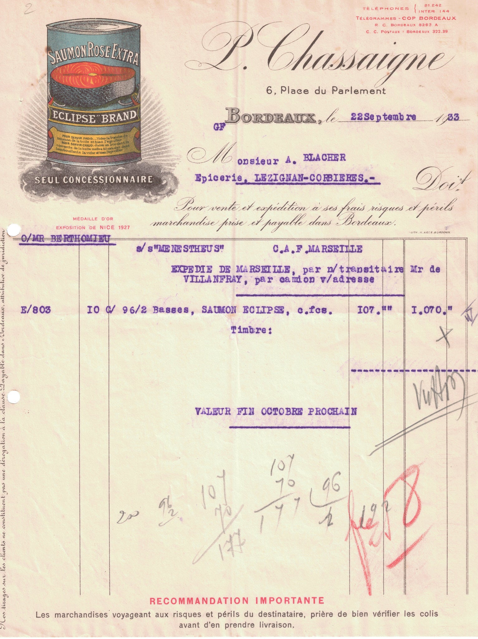 Papier à entête d’épicerie original ancien Saumon Conserve Chassaigne