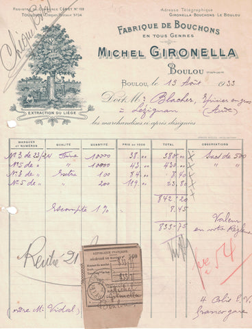 Papier à entête d’épicerie original ancien Fabrique de Bouchons Gironella