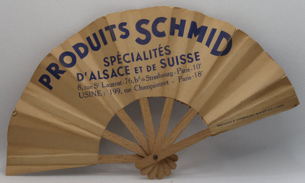 Eventail original ancien publicitaire produit Schmid d'Alsace