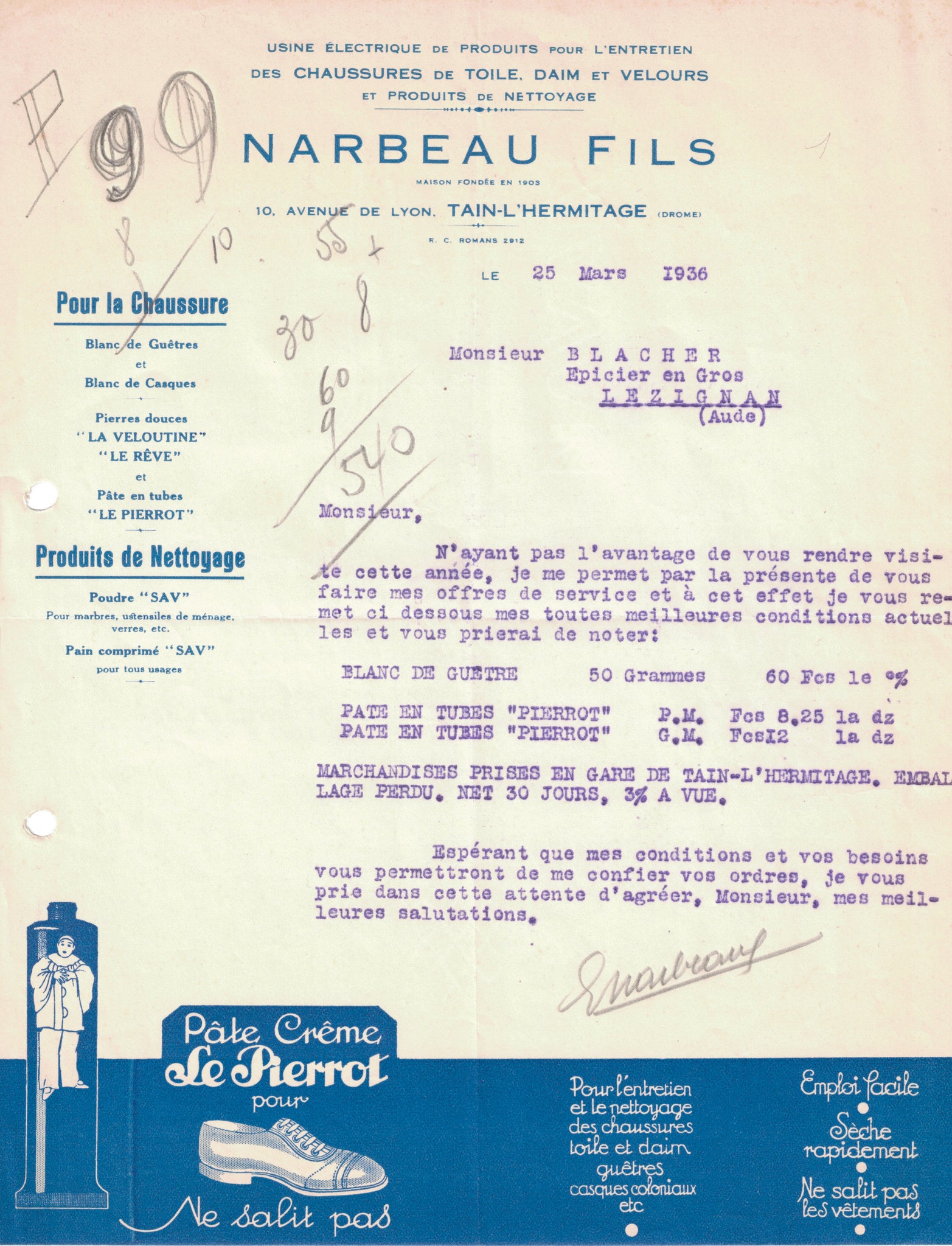 Papier à entête original ancien Pate Crème le Pierrot