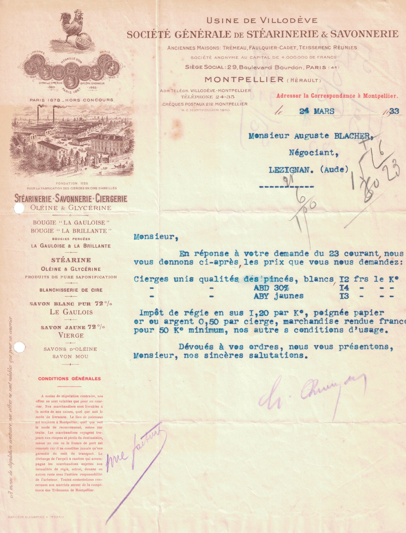 Papier à entête original ancien Savonnerie Villodève Montpellier