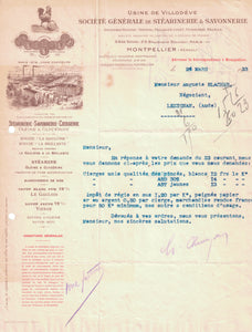 Papier à entête original ancien Savonnerie Villodève Montpellier