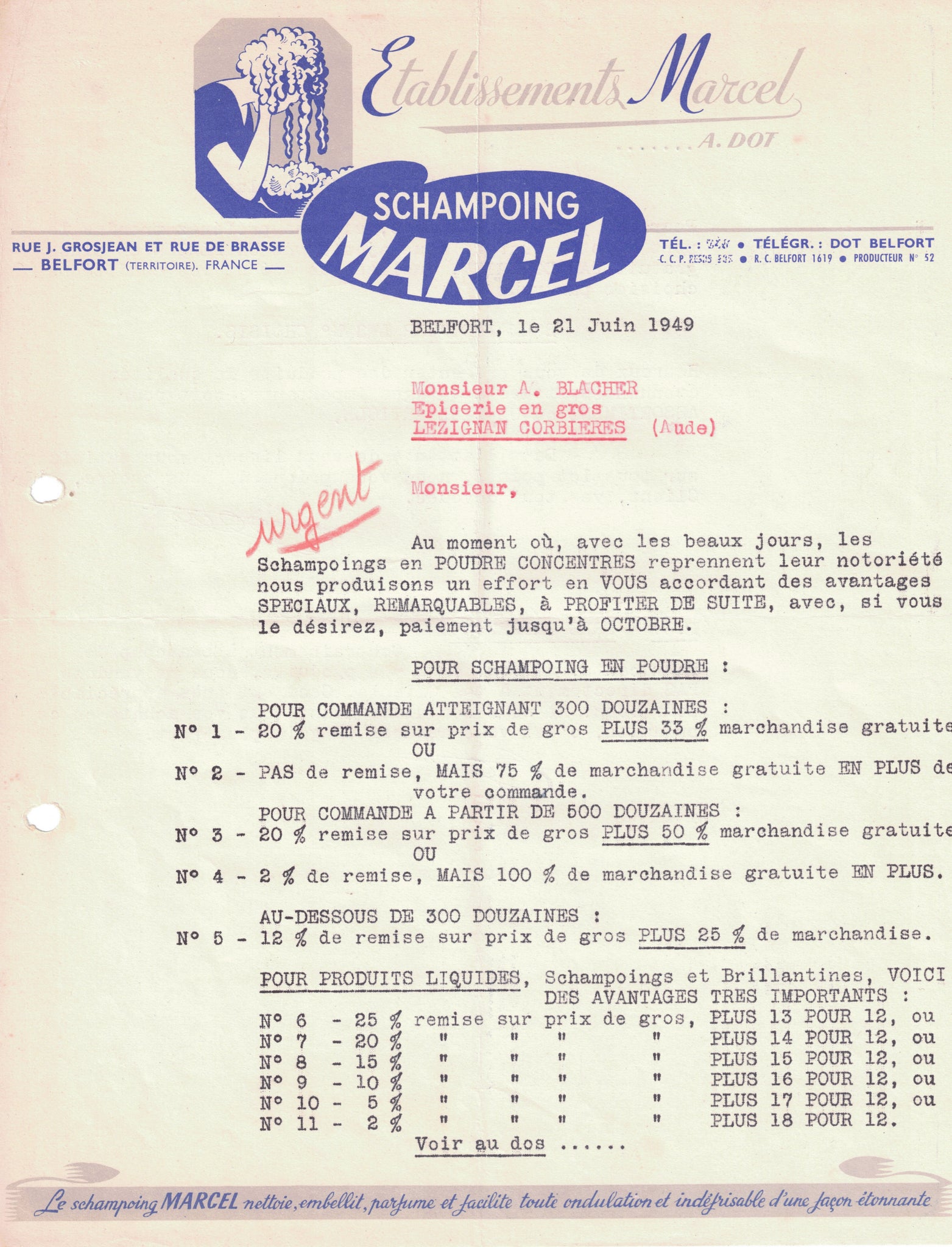 Papier à entête original ancien Schampoing Marcel