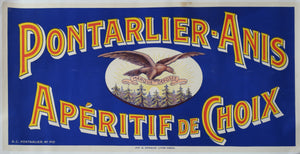 Affiche originale ancienne de Pontarlier anis apéritif de choix fond bleu