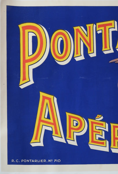 Affiche originale ancienne de Pontarlier anis apéritif de choix fond bleu