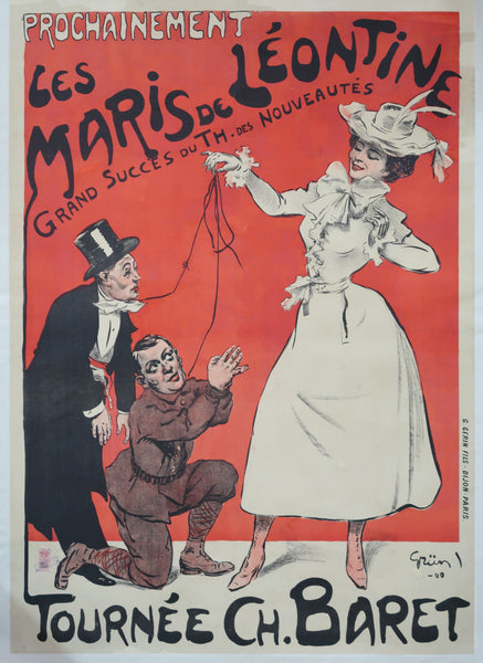 Affiche originale ancienne de spectacle, Les maris de Léontine