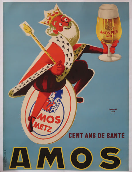 Affiche originale ancienne bière Amos brasserie Metz