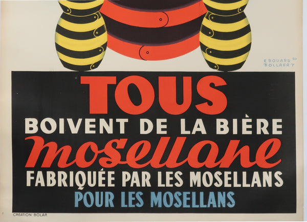 Affiche originale ancienne de brasserie, bière Mosellane bleu