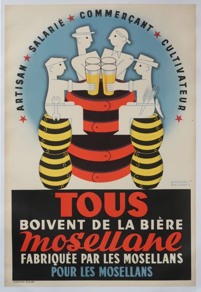 Affiche originale ancienne de brasserie, bière Mosellane bleu