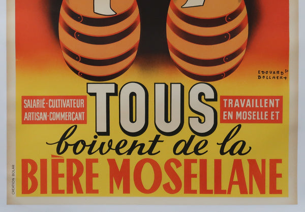 Affiche originale ancienne de brasserie, bière Mosellane signée Bollaert