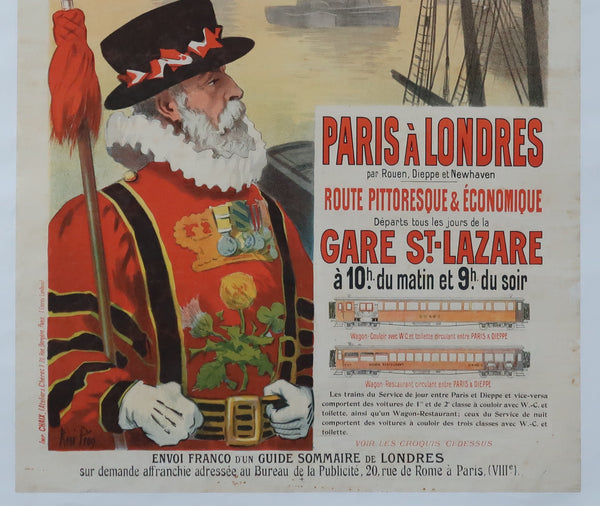 Affiche ancienne Chemin de fer Paris Londres signée Péan René