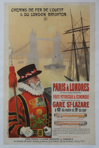 Affiche ancienne Chemin de fer Paris Londres signée Péan René