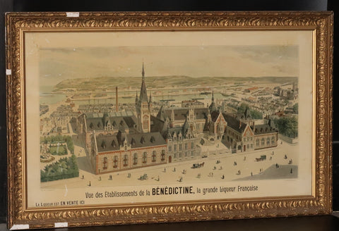 Ancienne affiche cartonnée de la vue d'usine liqueur Bénédictine