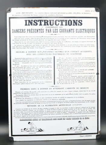Ancienne plaque émaillée Instructions Electriques